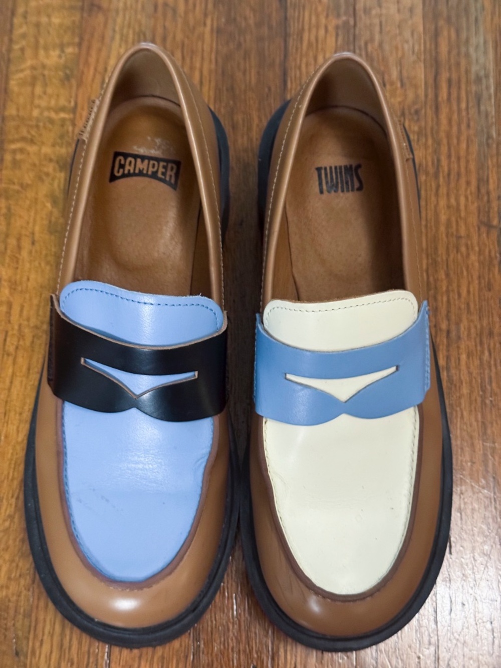 Camper Twins Milah loafers, Tan Blue White and Black, US size 8 W (EU 38)